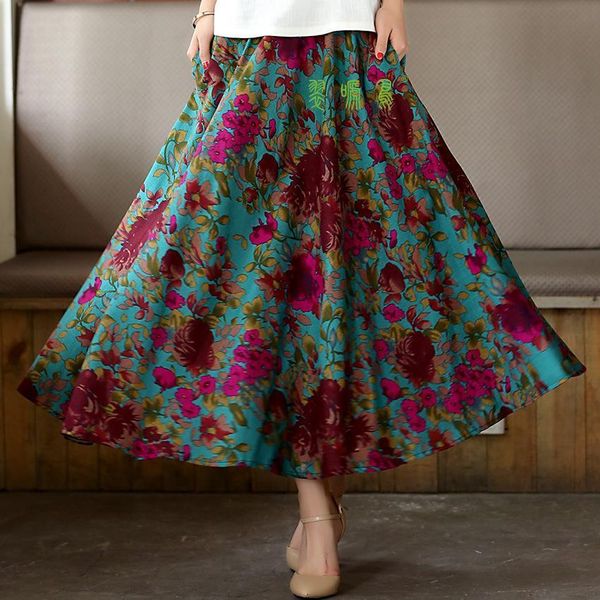 

long flowing thick cotton multicolor print skirts bohemia style ethnic print linen red skirt drop shipping, Black