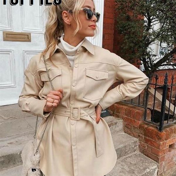 

ies faux leather shirt jacket women long jacket coat spring oversized windbreaker woman streetwear 201112, Black;brown