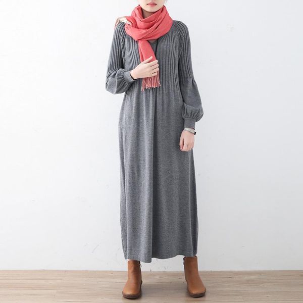 

johnature 2020 autumn new original design artistic puff sleeve sweater dress solid color knitted sweater women's  dress1, Black;gray