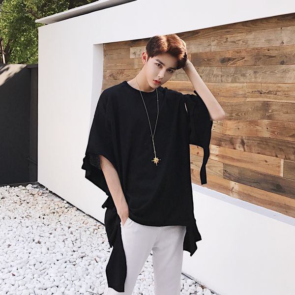 

2021 men torn punk-hop hole t-shirt nightclub attire stage singer hiphop t-shirts from of large black white dimensions clothes x7s7, White;black