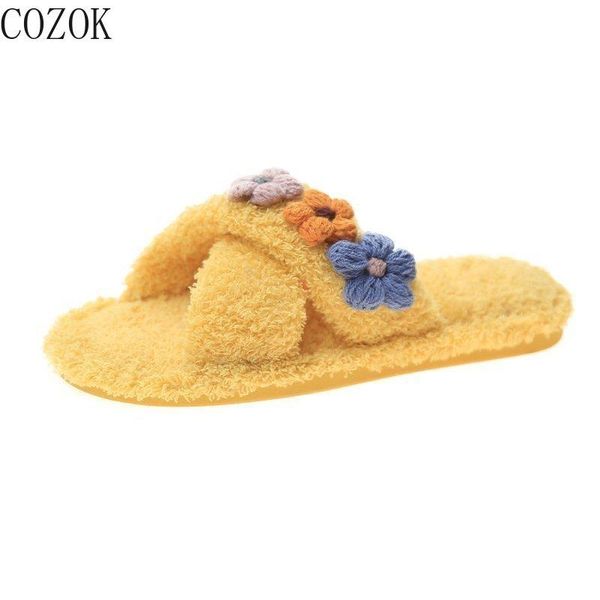 

furry open-toe women's slippers casual solid color flower decoration cross vamp fashion sweet beauty cotton slippers 2021, Black