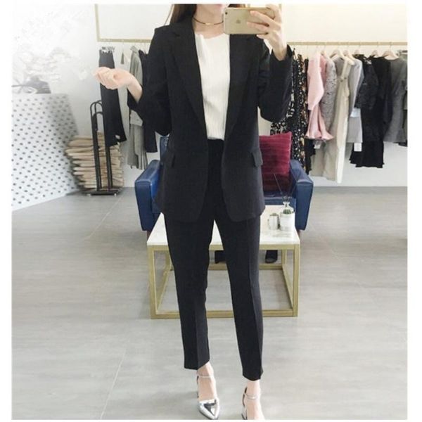 

2020 two piece sets womens outfits elegant solid color wild suit temperament jacket + casual nine pants fashion suit1, White;black