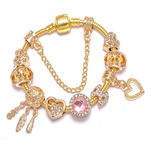 

18k gold plated snake chain glass beads dreamcatcher charm bracelet crystal heart charm bracelet with safety chain, Black