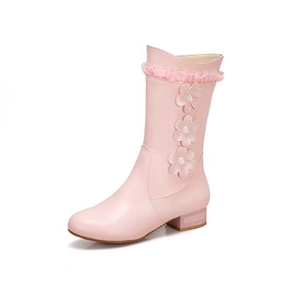 

2021 новый стиль сладкий комфортабельный круглый цвет ноги mid-calf модный цветок с бисером на молнии толстые каблуки толстые ботинки женски, Black