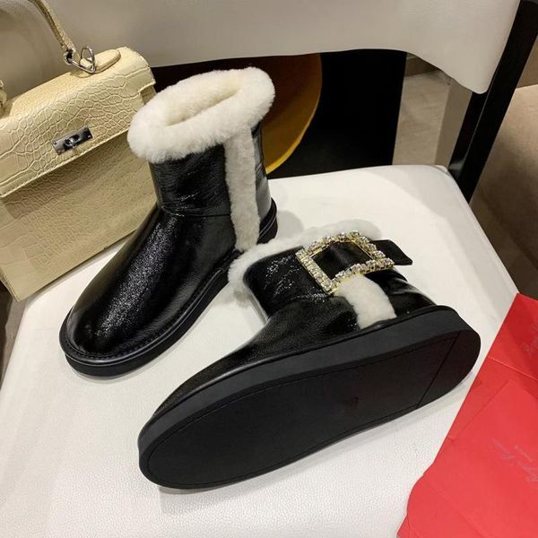 

women snow boots shiny crystal diamond flat overshoes ankle shoes genuine leather shoes round toe autumn winter, Black