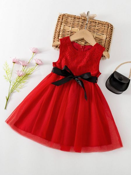 

toddler girls contrast lace zip back belted dress she, Red;yellow