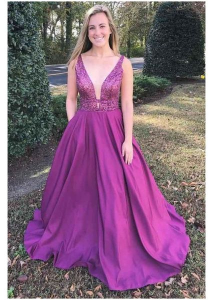 

2020 new a-line v-neck fuchsia prom dresses with beading pockets ruched sequined bodice deep v neck stain sweep train evening gowns, Black;red