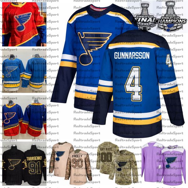 

2021 reverse retro customize 4 carl gunnarsson st. louis blues champions hockey jersey golden edition camo veterans day fights cancer jersey, Black;red