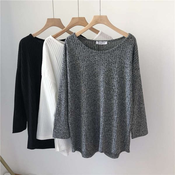 

variegated vertical thread knitted fengnv 2020 spring and autumn style slim loose round neck bottomed long sleeve t-shirt, Black;gray