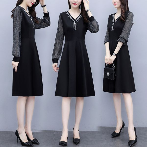 

womens designer plus size dressed with long sleeve neckline 2021 spring fat 100kg woman wear clothes 59zf, Black;gray