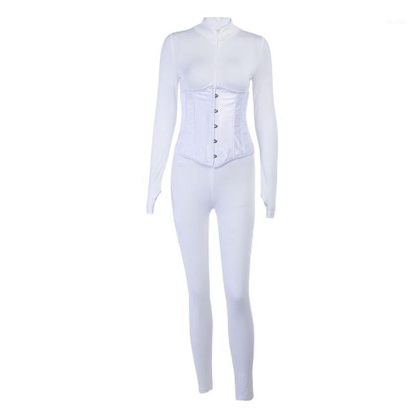 

women 2pcs long sleeve turtleneck half zipper jumpsuit with lace-up corset set m5te1, Black;white
