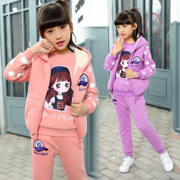 

3-piece clothes children's plush suits winter middle and large girls' 4-6-12, White