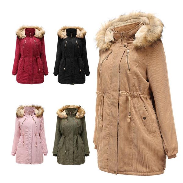

ladies hooded jas winter corduroy women parka long katoen faux fur fat warm green oversized female xxxl xftnq, Black;white