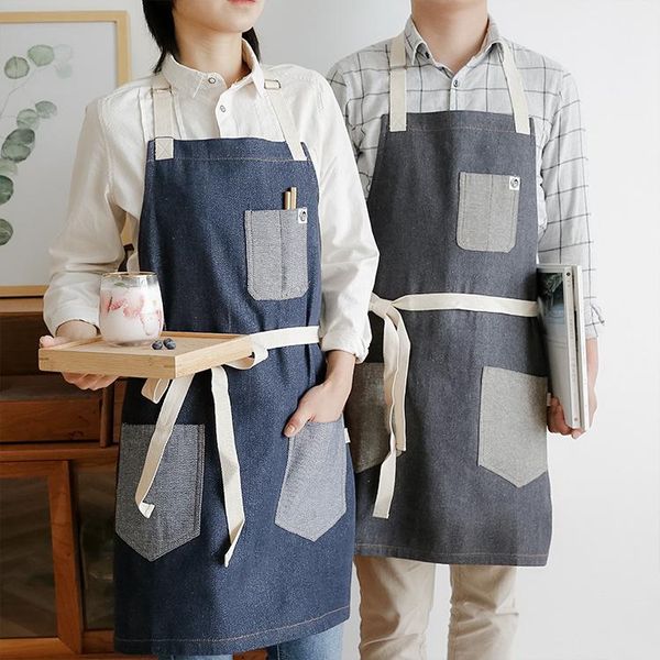 

aprons denim patchwork classic design work apron bbq bib for women cooking baking restaurant cleaning tools pinafore