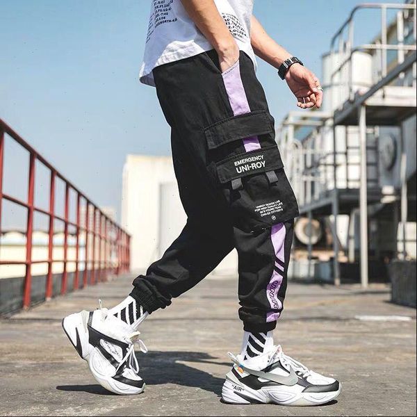

hip streetwear mens camouflage joggers pants xxxl men ribbons cotton cargo pant trousers elastic waist harem pant men, Black