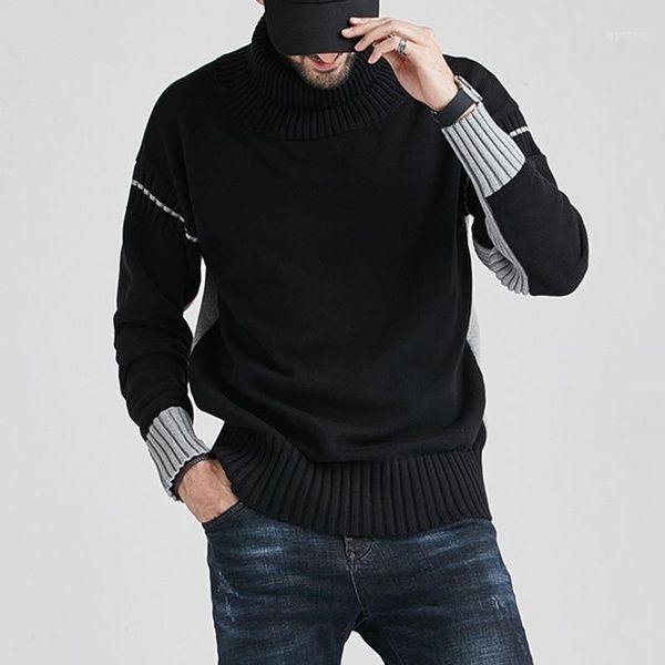 

2020 winter autumn korean style warm sweater turtleneck wool patchwork sweater men knitwear coat male knitted jumper pullover1, White;black