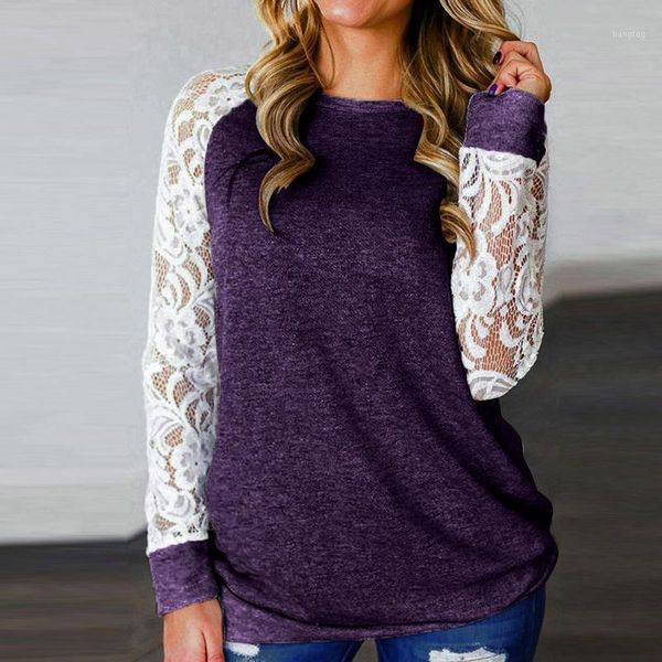

women t-shirt spring fashion plus size lace floral splicing o-neck long sleeve t-shirt casual shirts #40%1, White