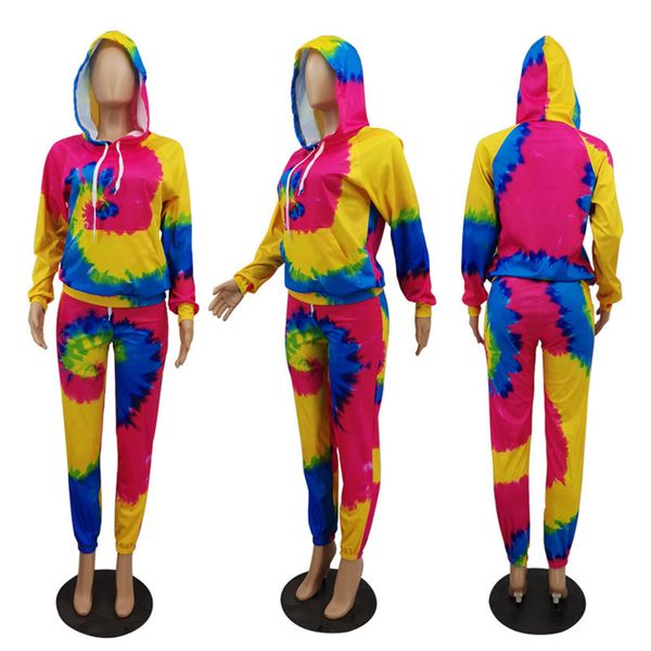 

women tracksuits tie-dye designers fashion long sleeves hooded sweatershirts pullover with pocket pants leggings casual sportswear gg11805, White