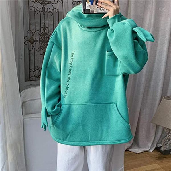 

plus velvet sweatshirt women hoodies sweet japan creative stitching three-dimensional cute frogs pullover pocket hoodies1, Black
