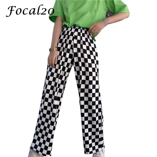 

focal20 streetwear plaid women pants elastic waist full length checkered black and white casual loose straight trousers lj200813, Black;white