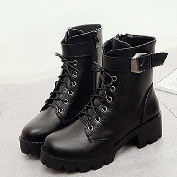

mcckle women ankle short boots ladies shoes chunky heel fashion pu leather buckle non slip platform army boot shoe new female1, Black