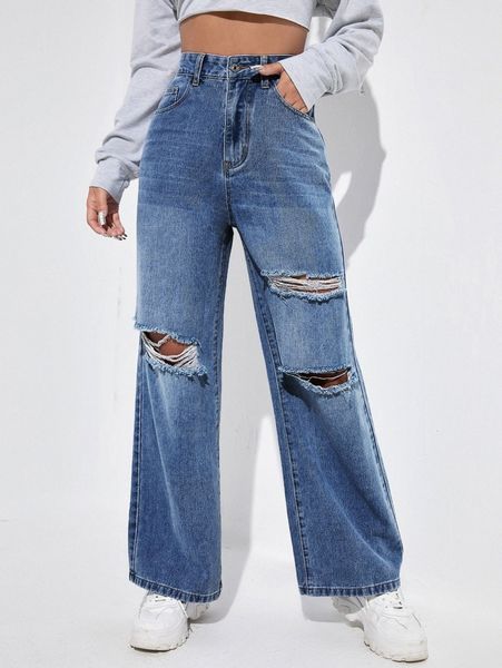 

high waist ripped wide leg jeans o36n#, Blue