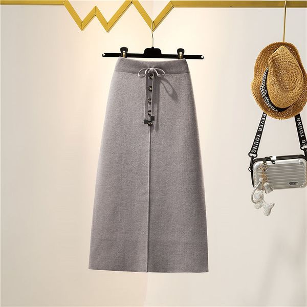 

new 2021 inverno feminino malha meados de bezerro saia slida grosso single-breasted maxi saias hip y344 ng3u 23ic, Black