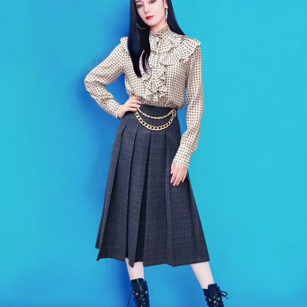 

spring new national style print long-sleeved fridges chain shirt check nail-baited large stocking high-quality suit skirt l6wy, White