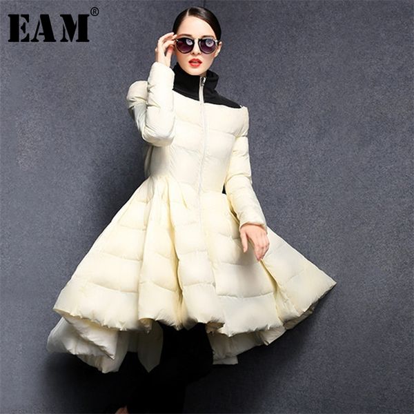 

[eam] spring woman solid color long sleeve spliced black stand collar skirt type warm loose down jackets ld0460 201217
