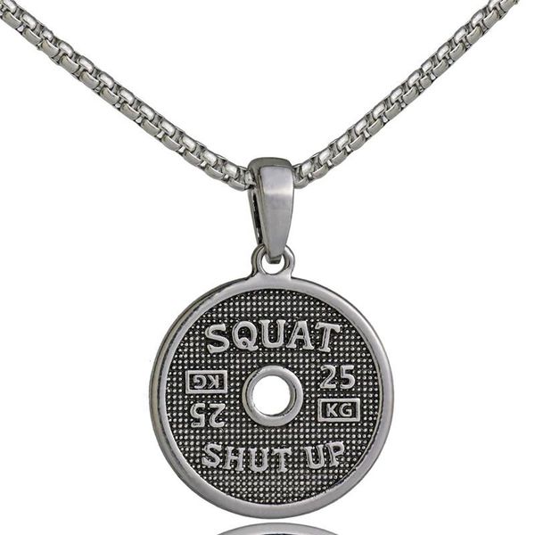 

pendant necklaces men fitness weight plate necklace stainless steel chain bodybuilding dumbbell barbell gym charm jewelry, Silver