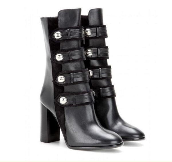 

boots kaeve black genuine leather ankle chunky heels fashion round toe metal decoration women's