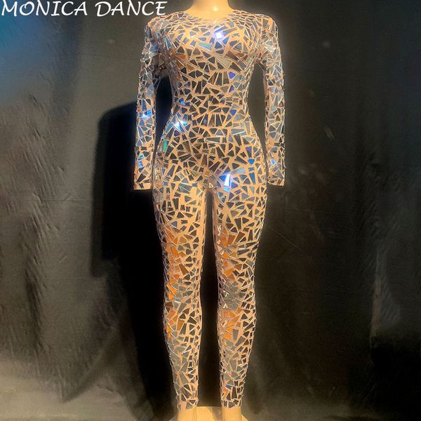

stage silver mirrors jumpsuit mesh dance costume women stage performance dance net yarn bodysuit nightclub jumpsuit q1118, White