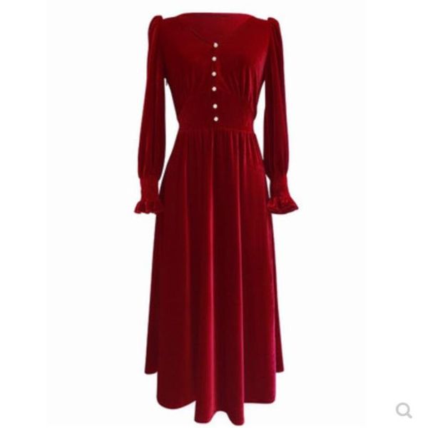 

plus size 4xlfrench style vintage velvet dress women v-neck lantern sleeve slim high waist party dress, Black;gray