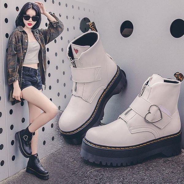 

boots fashion zipper buckle flat shoes woman high heel platform pu leather lace up women ankle girls 35-50, Black