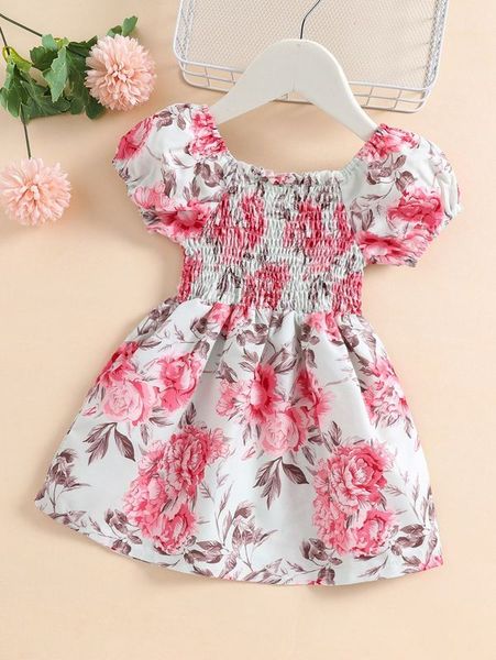 

baby shirred bodice floral dress she, Red;yellow