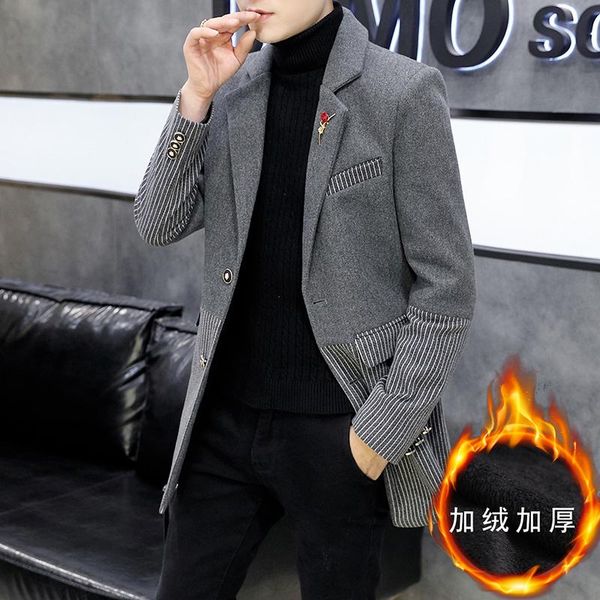 

2020 winter mens wool trench coat fashion slim fit thicker jackets striped splicing steetwear woolen windbreaker ropa de hombre, Black