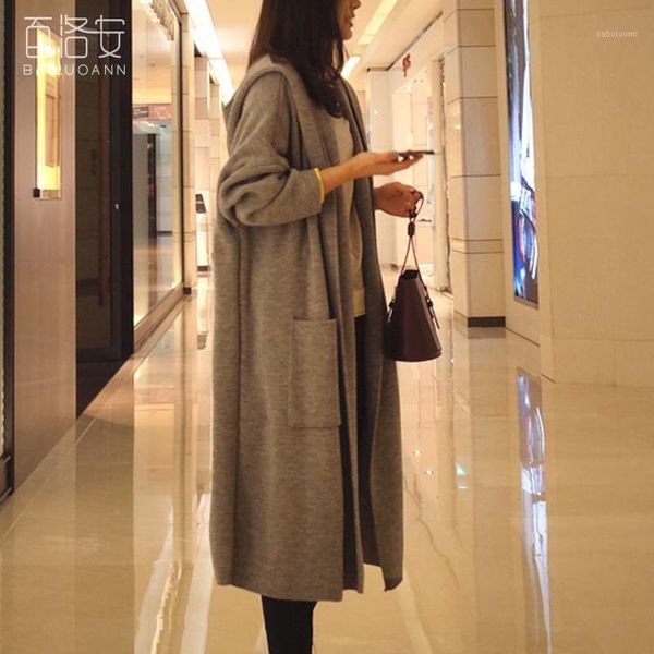 

new autumn mid-length hooded coat women's cardigan jackets women's windbreaker outerwear knitted coat female, Black