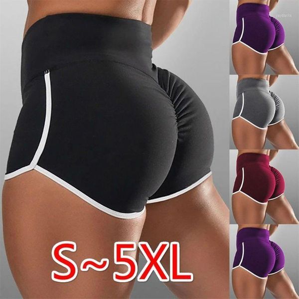 

women solid color workout shorts high waist stretch ruched bulifting leggings striped trim dolphin sport1, White;black