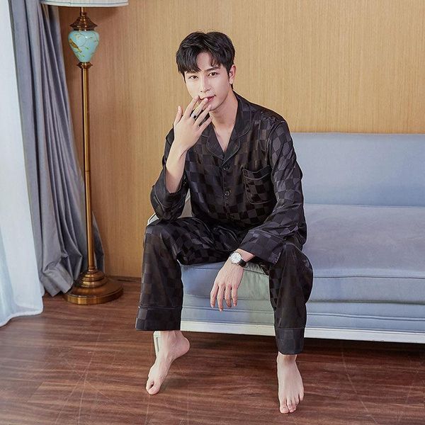 

men's sleepwear autumn elegant black plaid pajamas sets men summer korea fashion satin ice silk noble long sleeve pyjamas, Black;brown