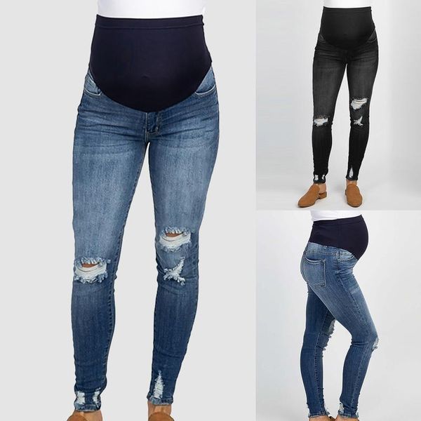 

jeans pants for pregnancy high waist trousers loose hole stomach lift jeans maternity pants trousers loose denim j5, Blue