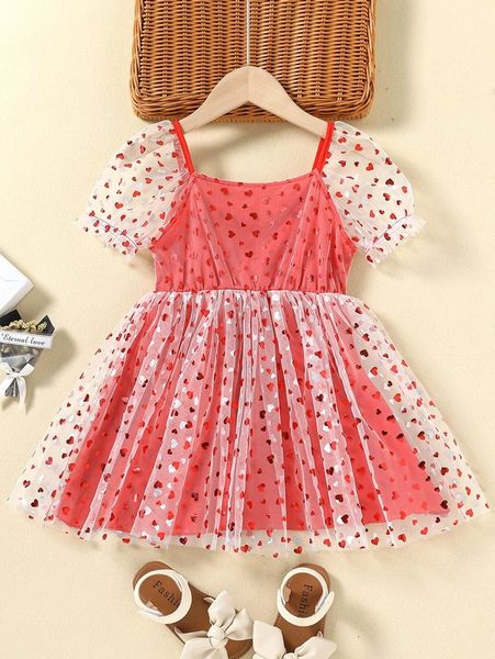 

toddler girls heart print puff sleeve mesh dress she01, Red;yellow