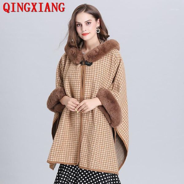 

winter warm plus size open stitch striped knitted loose coat 2020 women faux fur cardigan ladies thick short cloak with hat1, Black
