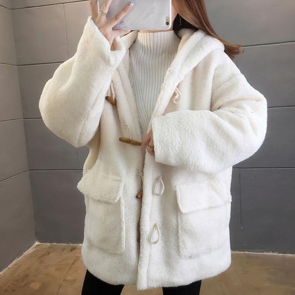 

women's wool & blends thick hooded overcoat plush coat winter jackets women 2021 cardigan femme 2xl pockets buckle hoodies coats ladies, Black