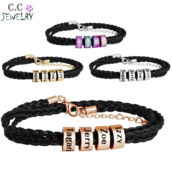 

personalized family names bracelet multiple layers braided rope titanium steel beads leather custom bracelets & bangle for man y200107, Golden;silver