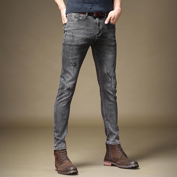 

men's jeans 2021 autumn slim elastic fashion ripped patch denim pants, Blue