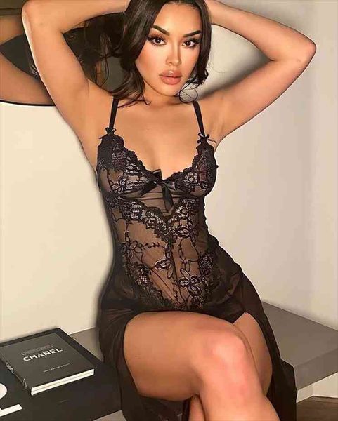 

lace sleep gown women floral suspenders low chest mesh see-through exotic dresses sleepwear femme, Black;red