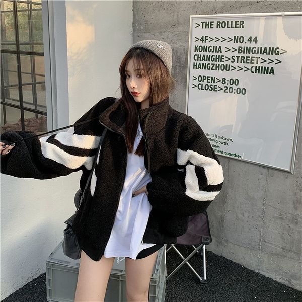 

loose size heavy contrast stitched lambskin jacket jacket women's stand collar lace up top, Black