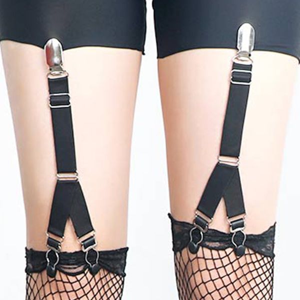 

2pcs fashion black white leg straps elastic stockings belt metal clips garter