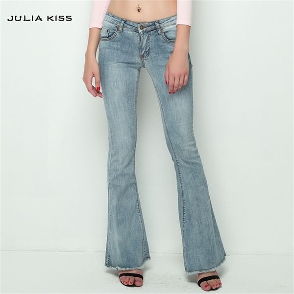 Vintage Low Cintura Elastic Flare Jeans Mulheres Retro Bell Bell Botten Skinny Jeans Feminino Escuro Azul Azul Largo Perna Denim Calças 201223