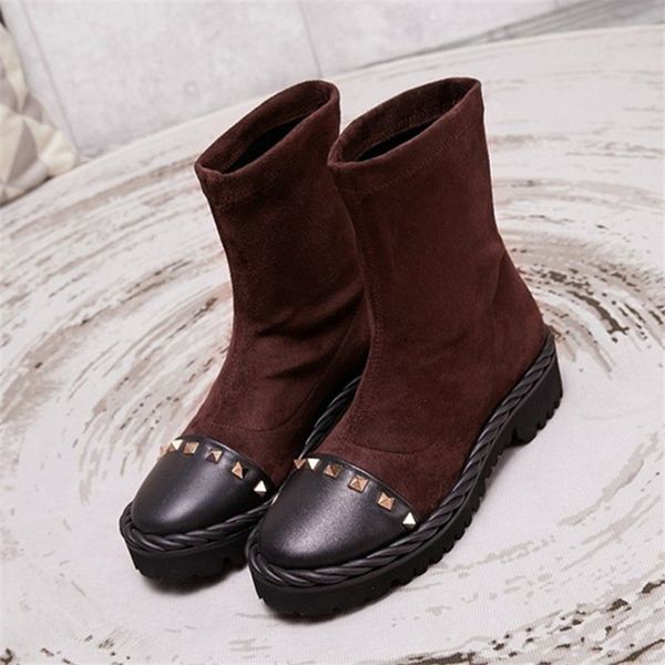 

low heel spring heels rivets studded autumn slip-in mujer boots 209n, Black